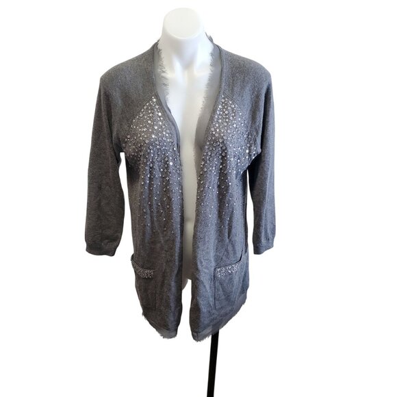 Halogen XL Gray Jem Beaded Open-Front Cardigan Sweater Pockets Wool Blend - Picture 1 of 14